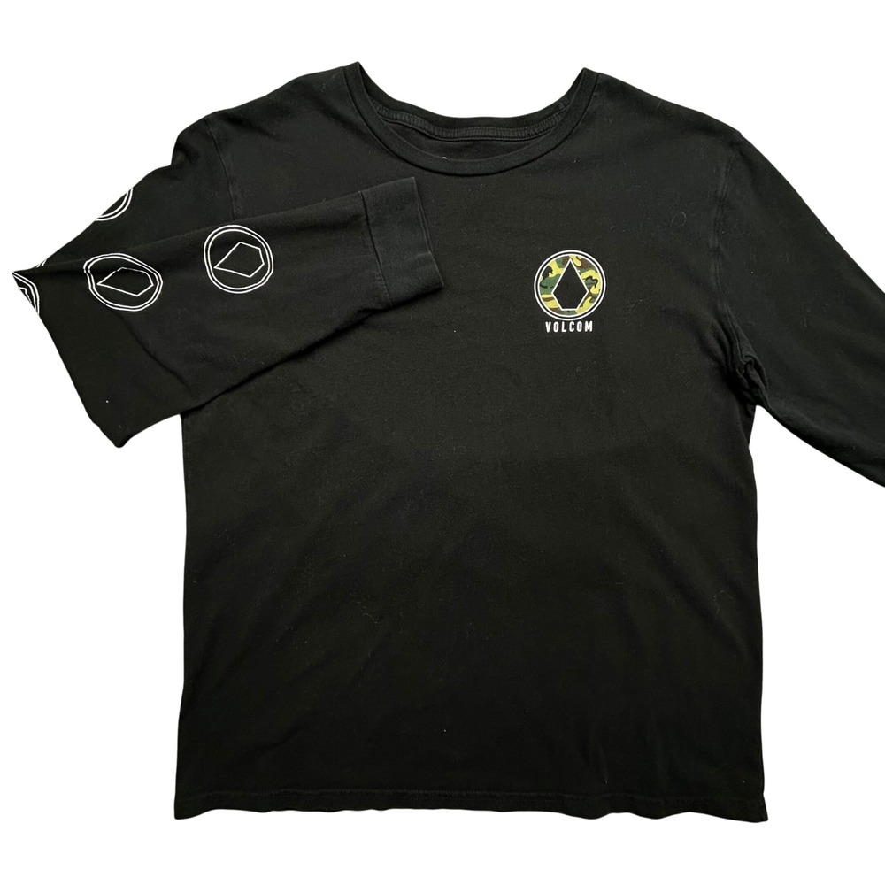 Volcom‎ T-Shirt Mens L Black Long Sleeve Graphic Camo Stone Logo Shirt